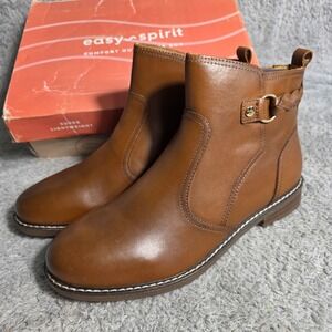 Easy Spirit Jules Brown Leather Ankle Boot Booties Braided Accent Womens 10M NEW